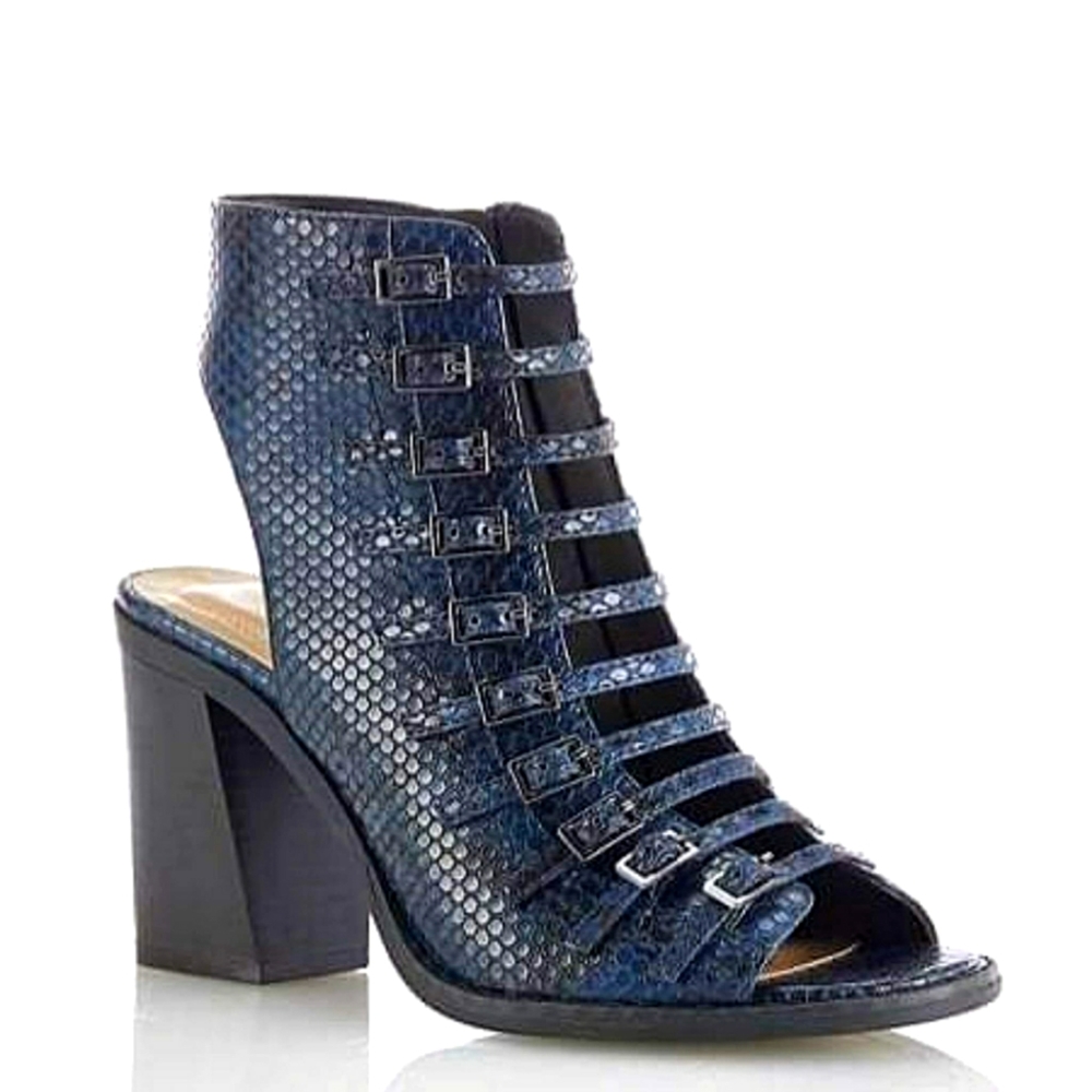 Multi Buckle, dark blue snake sling back sandles